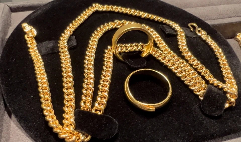 Gold necklaces and rings
